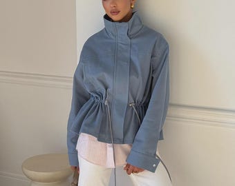 Bomber Jacket Women Cotton, Adjustable Waist Jacket, Minimalist Tailored Spring Fall Coat