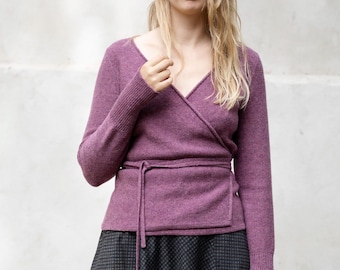 Women's Wool Wrap Cardigan, 100% Pure New Wool Belted Sweater, Handmade V Neck Knit Cardigan