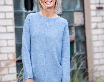 Wollen midi-sweaterjurk, relaxte gebreide raglanmouwen, gebreide kleding in Scandinavische stijl