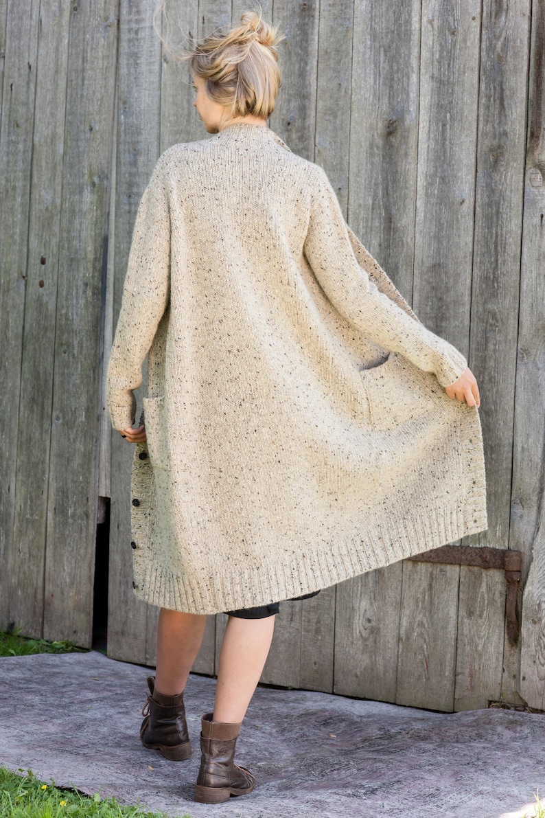 Back view of Irish Donegal wool cardigan, long textured knit coatigan silhouette