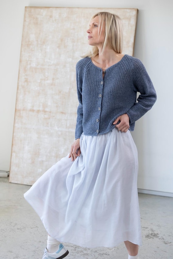 Fisherman Rib Cotton Wool Blend Cardigan, Lightweight Button Up Sweater