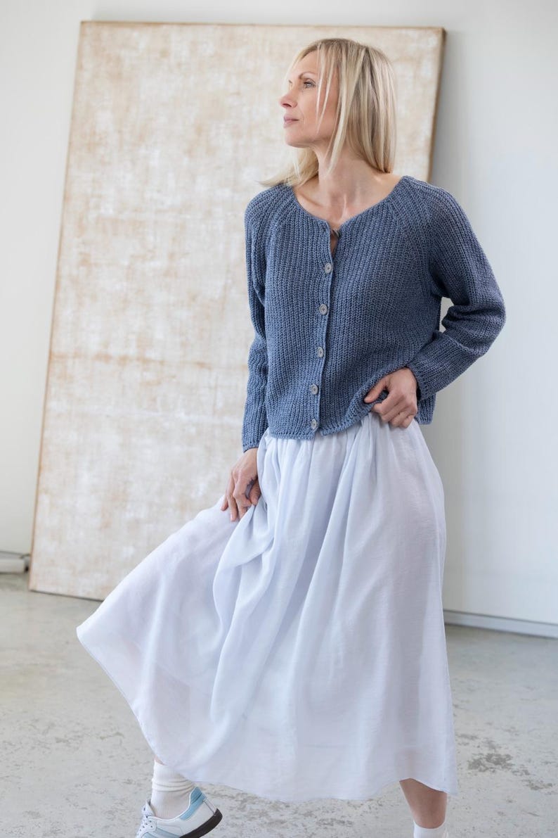 Blue lightweight knit cardigan with skirt, airy summer outfit for women