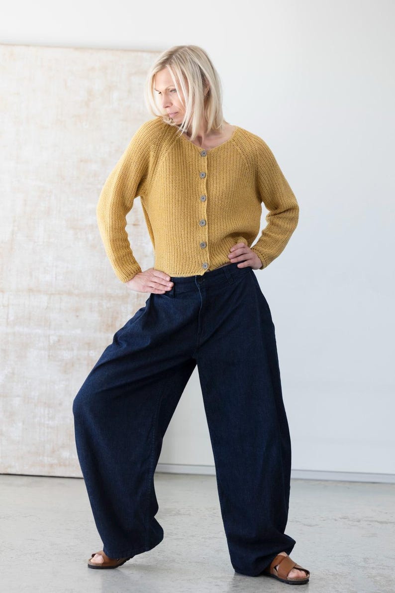 Mustard cardigan outfit with wide leg pants, modern minimalist look
