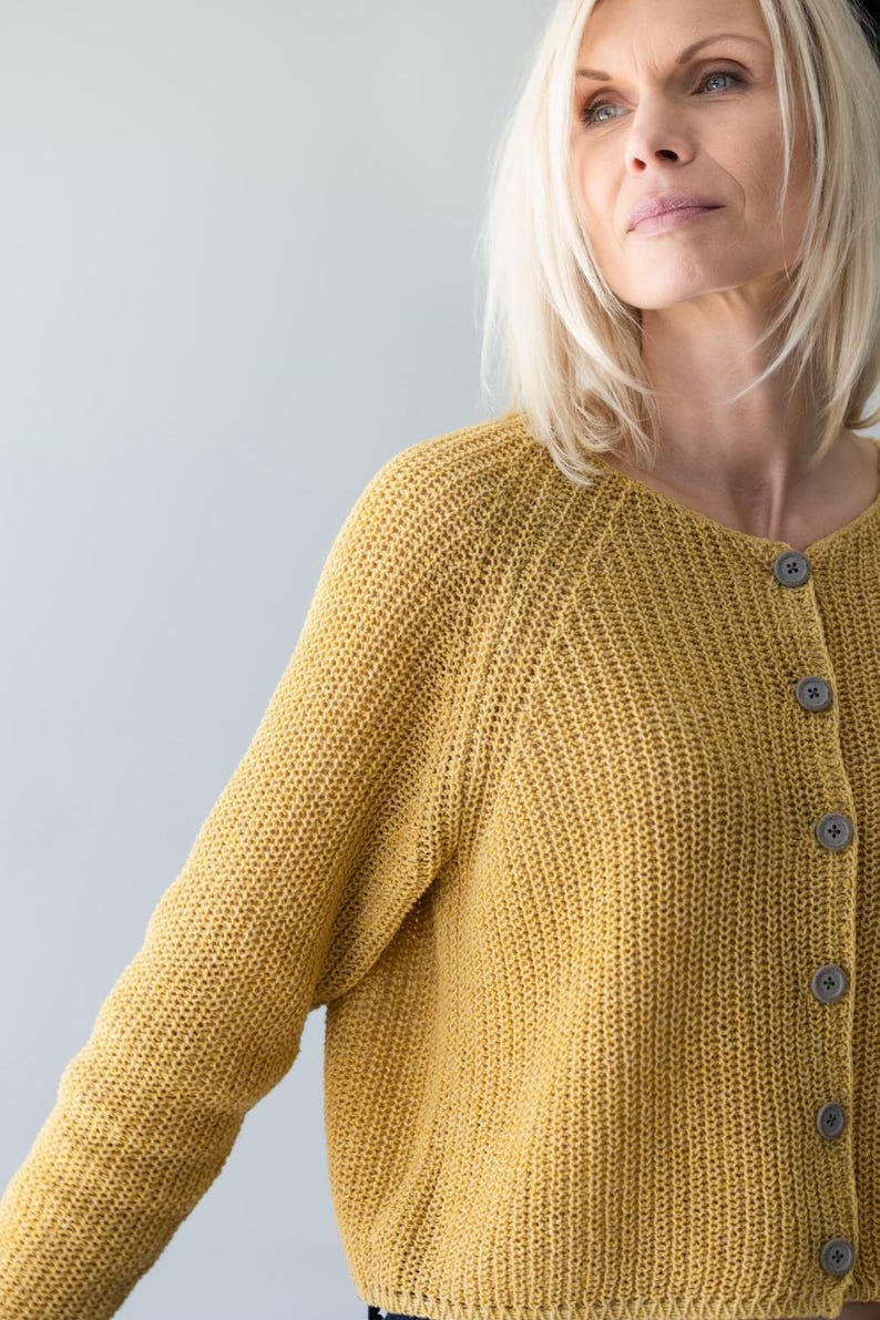 Yellow lightweight cardigan, soft natural fiber knit sweater