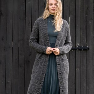 Long grey Donegal tweed wool cardigan for women, front view, relaxed winter layering style