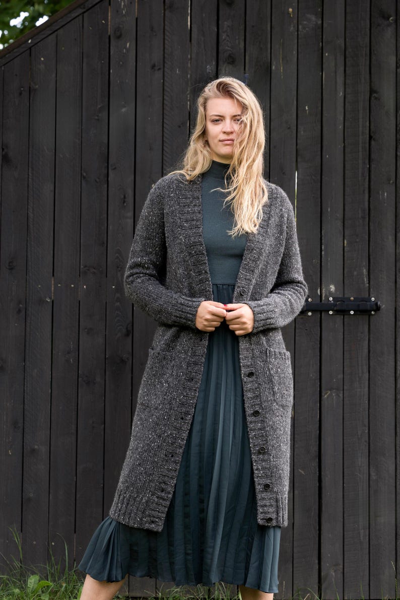 Long grey Donegal tweed wool cardigan for women, front view, relaxed winter layering style
