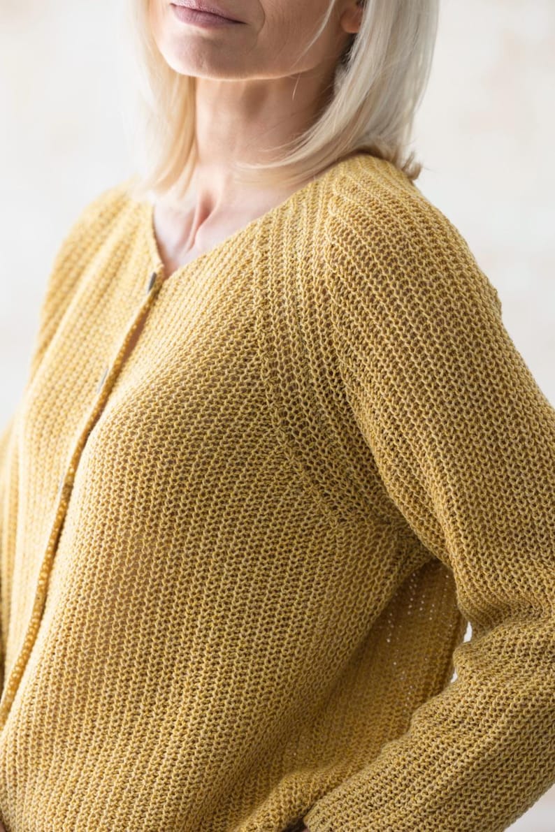 Mustard knit cardigan close-up, breathable wool blend texture