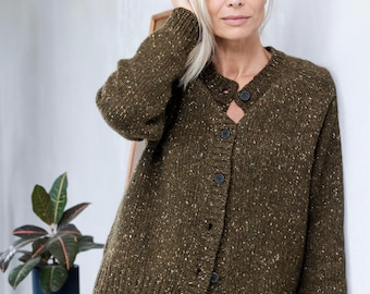 Irish Donegal Tweed Wool Bomber Cardigan, Hand-Finished Knit Jacket, Textured Winter Layer