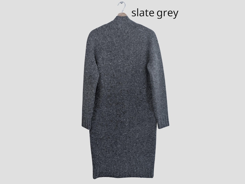 Back view flat lay of handmade Irish Donegal tweed long wool cardigan