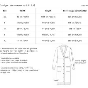 Size chart for handmade Irish Donegal wool longline cardigan for women