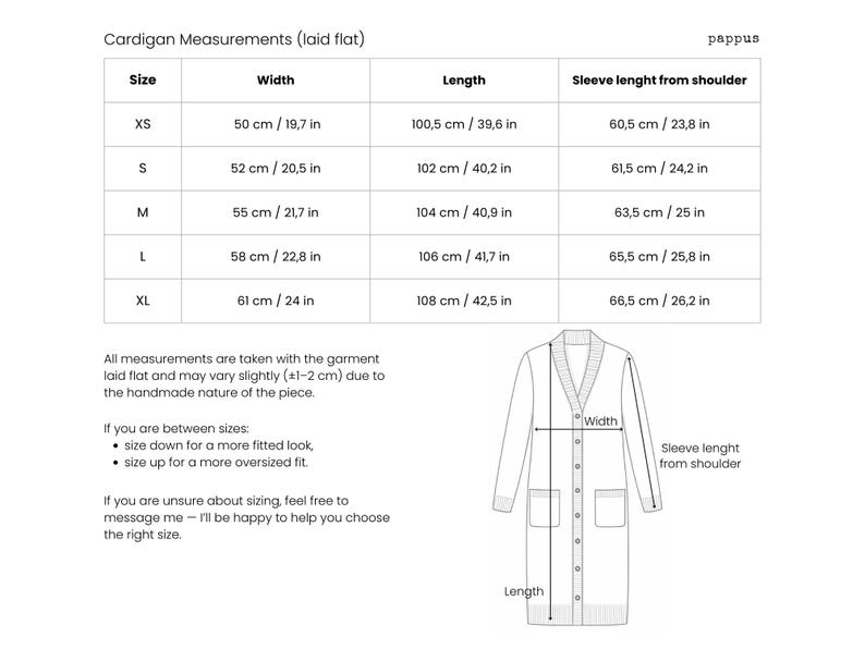 Size chart for handmade Irish Donegal wool longline cardigan for women