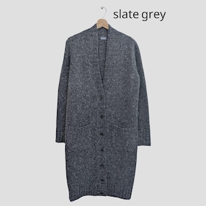 Slate grey Donegal tweed wool cardigan laid flat, front button closure and pockets