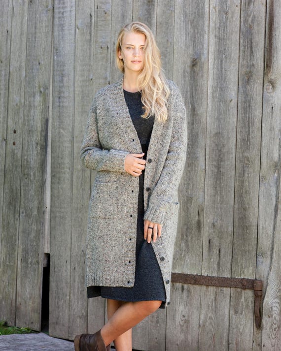 Donegal Tweed Wool Cardigan, Longline Heritage Knit Coatigan with Pockets