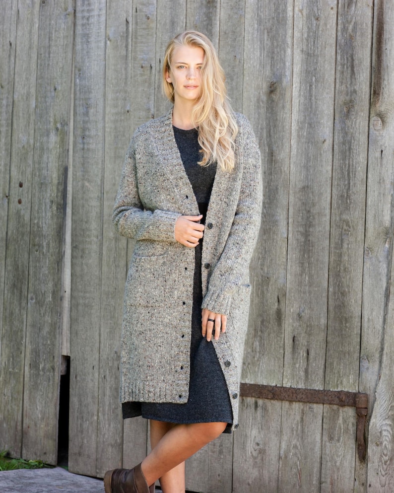 Handmade Irish Donegal tweed wool longline cardigan for women in dark grey, winter coatigan with pockets