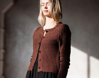 Hand Knitted 100% Linen Cardigan, Raglan Button Down Sweater, Breathable Summer Layer