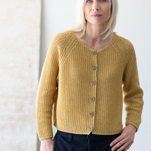 Yellow cotton wool cardigan outfit, minimalist knitwear styling