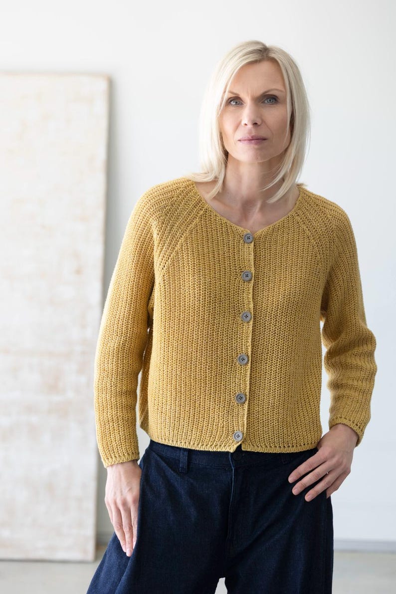 Yellow cotton wool cardigan outfit, minimalist knitwear styling