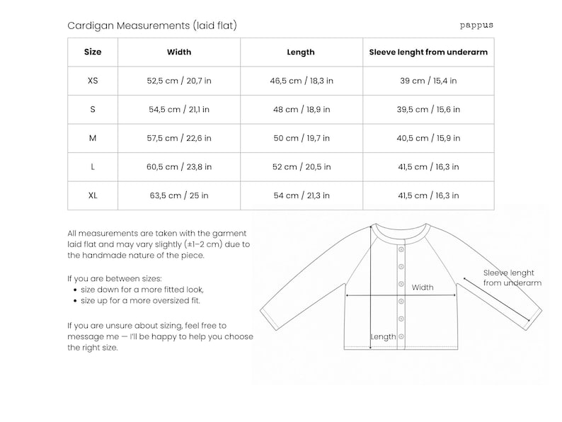 Knitwear size chart, sweater measurements and sizing guide
