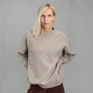Hand Knitted Lambswool Sweater, Oversized Beige Crewneck Jumper, 100% Wool Pullover
