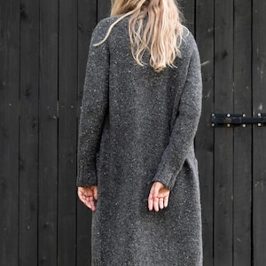 Back view of handmade Irish Donegal wool coatigan, textured fleck knit, ankle length silhouette