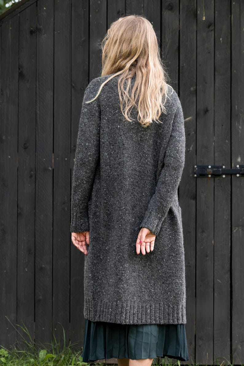 Back view of handmade Irish Donegal wool coatigan, textured fleck knit, ankle length silhouette