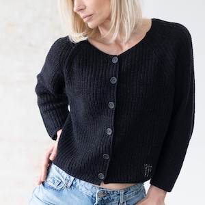 Minimalist black cardigan, soft wool blend sweater styling