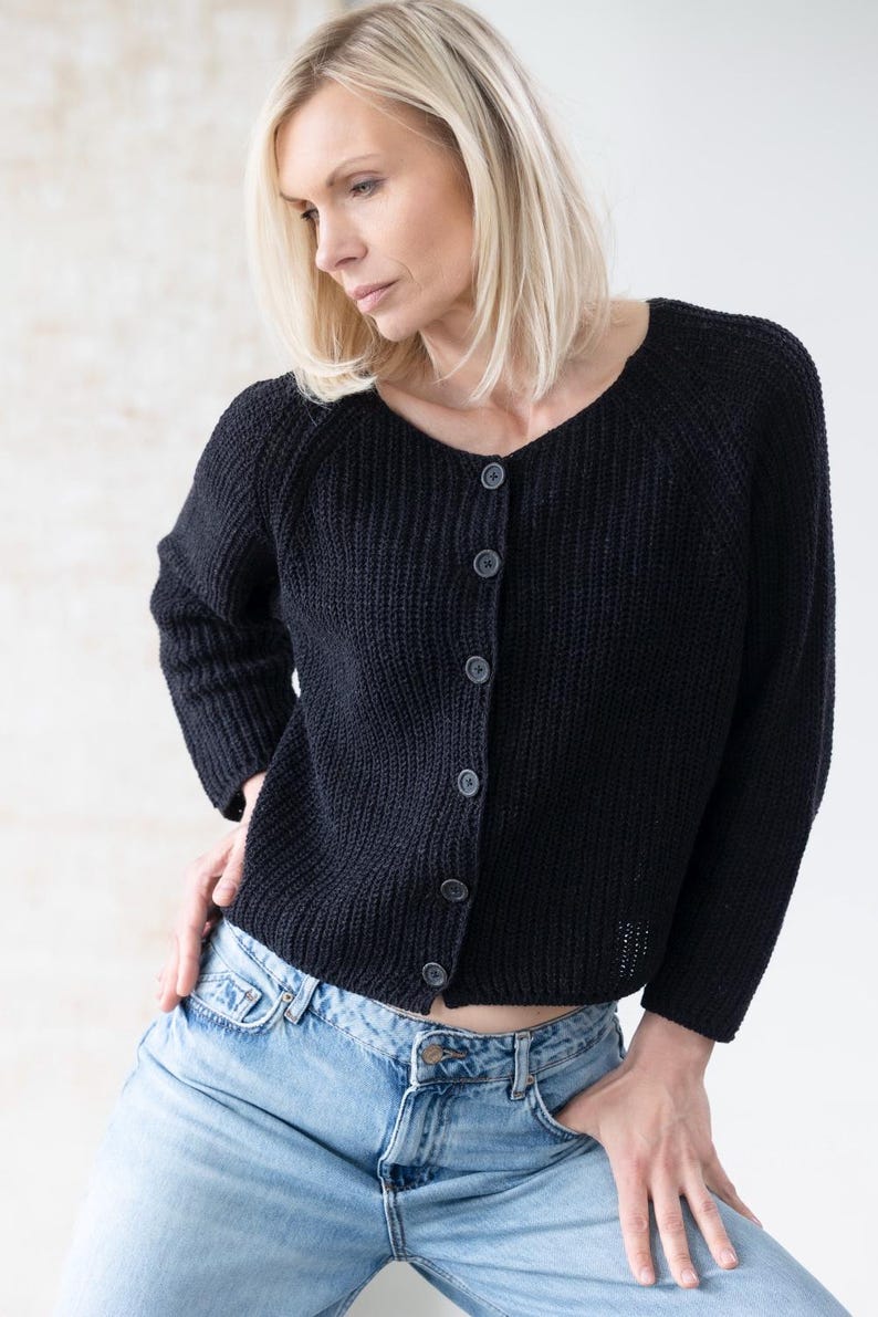 Minimalist black cardigan, soft wool blend sweater styling