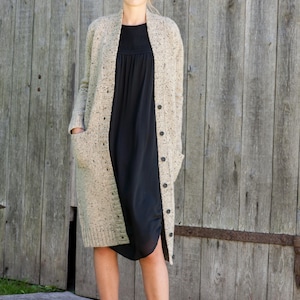 Beige Donegal tweed wool longline cardigan for women, soft fleck knit texture