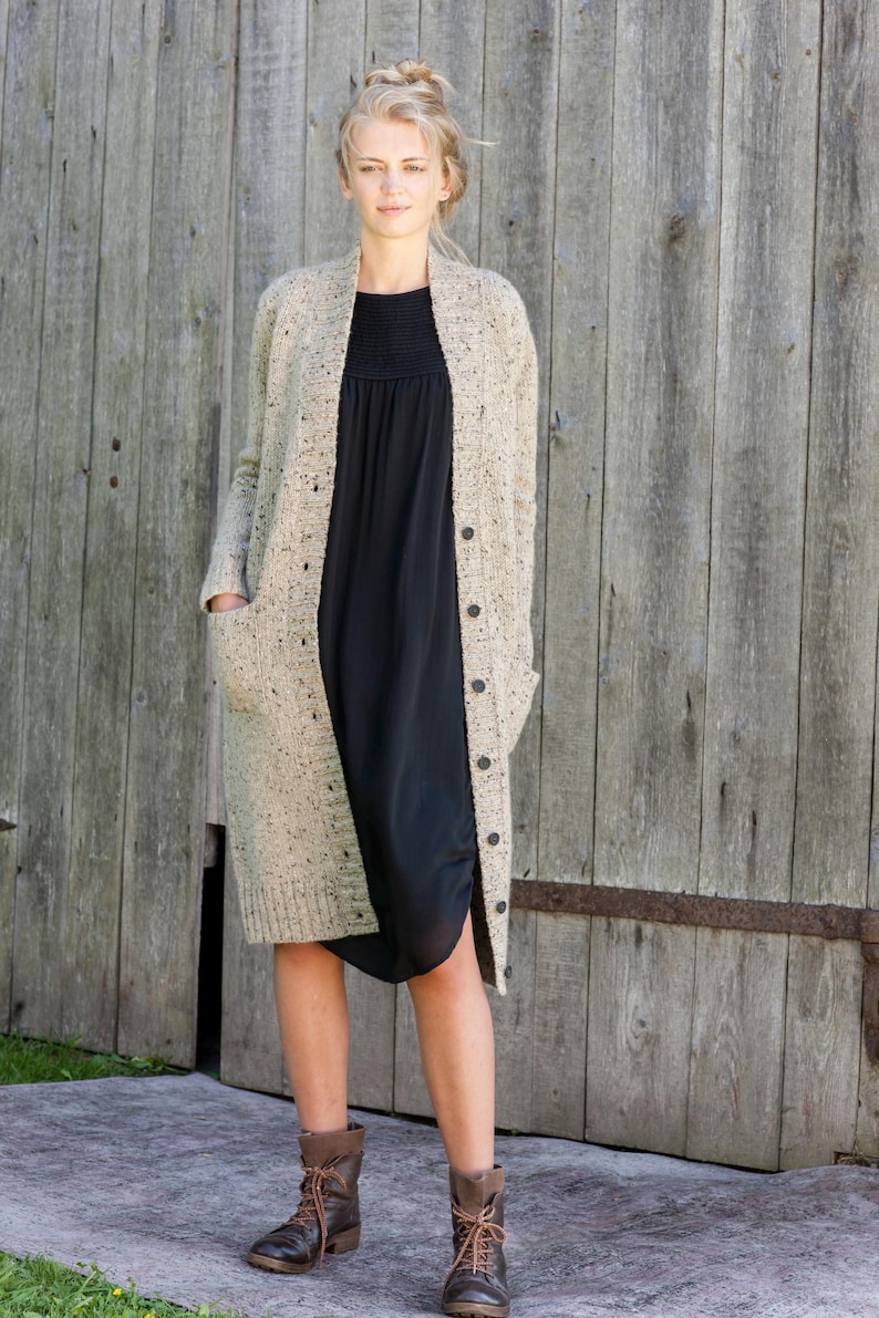 Beige Donegal tweed wool longline cardigan for women, soft fleck knit texture