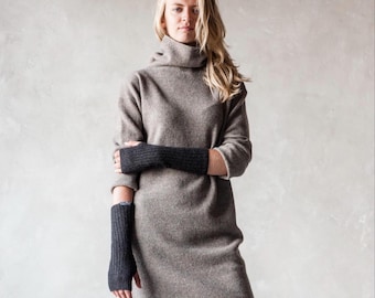 Midi-jurk met wollen coltrui, lang gebreide tuniek, relaxte trui