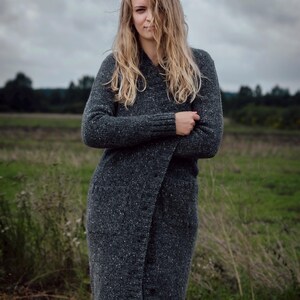 Irish Donegal tweed long wool cardigan styled for autumn countryside outfit