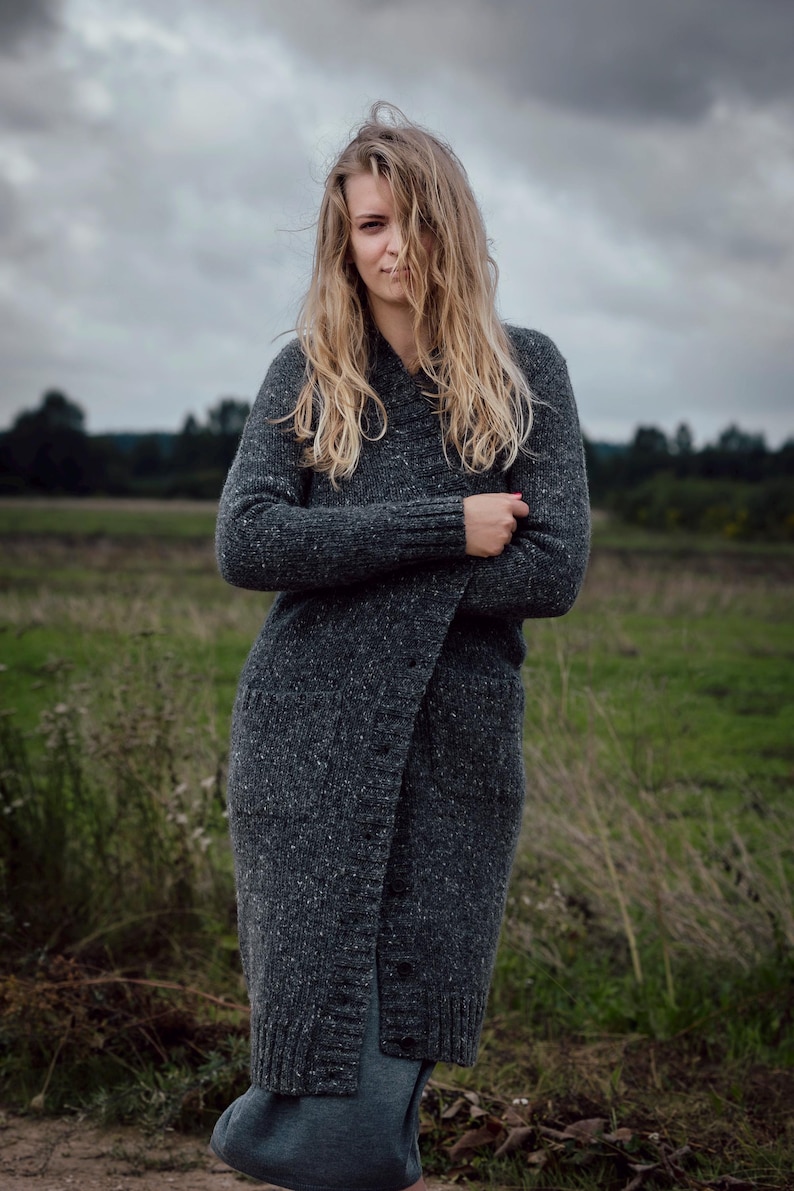 Irish Donegal tweed long wool cardigan styled for autumn countryside outfit