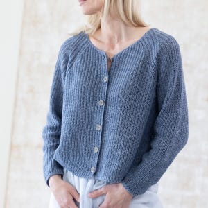 Blue cotton wool cardigan front view, relaxed fit knitwear