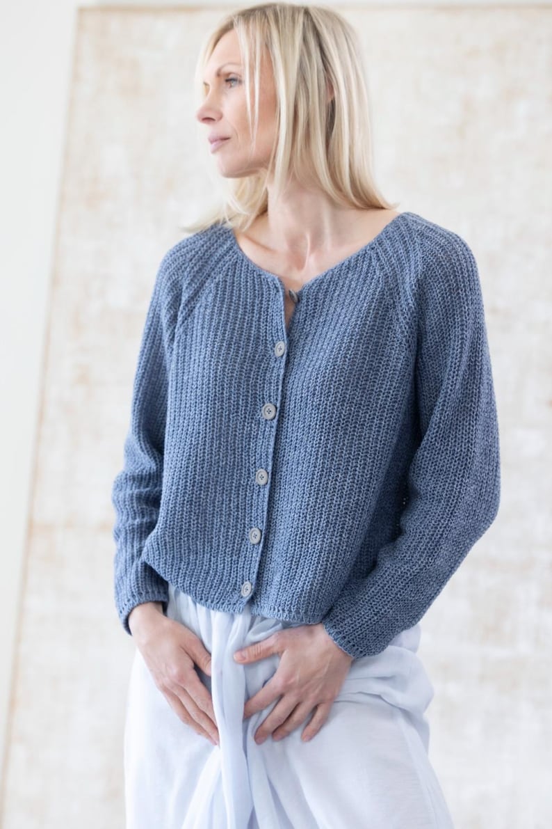 Blue cotton wool cardigan front view, relaxed fit knitwear