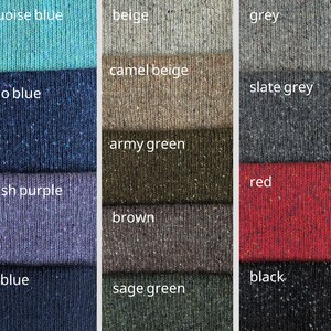 Available color options for Donegal tweed wool cardigan, fleck knit shades selection