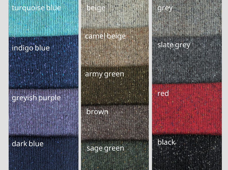 Available color options for Donegal tweed wool cardigan, fleck knit shades selection