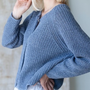 Minimalist blue knit cardigan outfit, breathable wool blend sweater