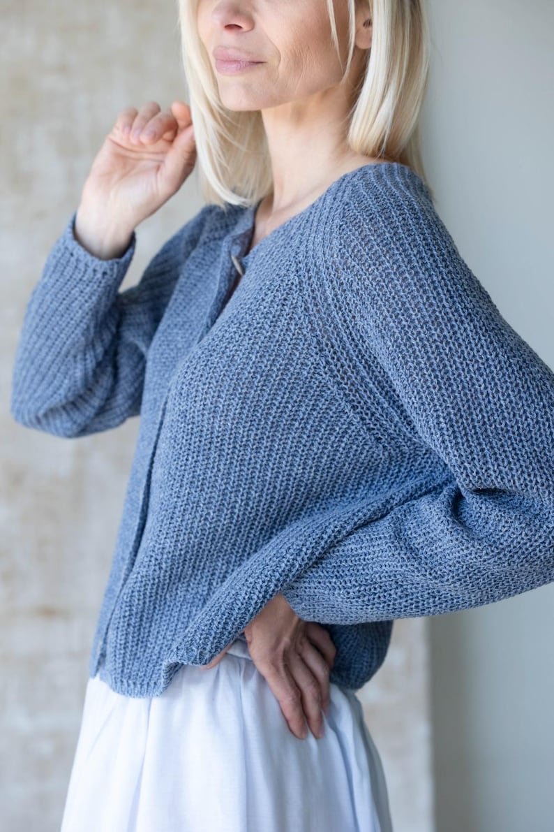 Minimalist blue knit cardigan outfit, breathable wool blend sweater