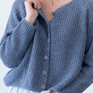 Close-up blue cardigan, textured cotton lambswool knit detail