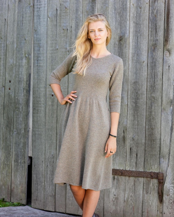 knit dress with gathered waist Women's Wool Midi Dress, Dress, Elegant Minimalistic Style FAB_EMBROIDERY DRESSES