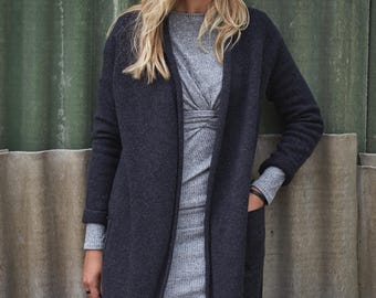 Oversized Wool Raglan Cardigan with Pockets, Below Knee Shawl Collar Coatigan, Minimalistic Winter Sweater