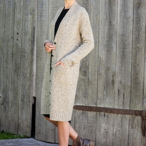 Side of Irish Donegal wool cardigan, long textured knit coatigan silhouette