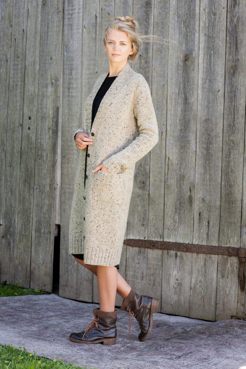 Side of Irish Donegal wool cardigan, long textured knit coatigan silhouette
