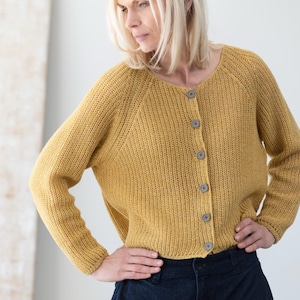 Yellow lightweight cardigan, fisherman's rib knit sweater