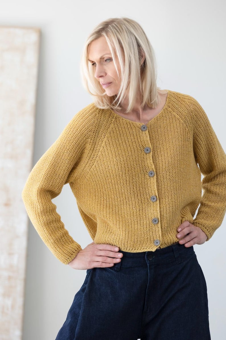 Yellow lightweight cardigan, fisherman's rib knit sweater