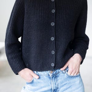 Black cotton wool cardigan front view, button up knitwear