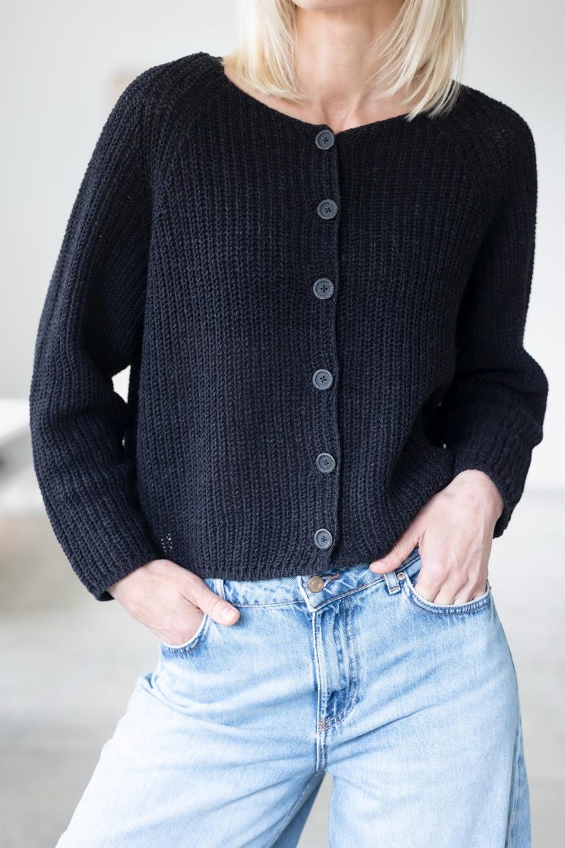 Black cotton wool cardigan front view, button up knitwear