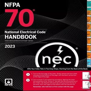 Könnte beinhalten: Das NFPA 70 National Electrical Code Handbook 2023 wird gezeigt. Das Cover ist schwarz mit der Zahl 70 in Rot. Das NEC-Logo befindet sich in einem weißen Kreis. Anweisungen zum Anbringen von Index-Registerkarten.