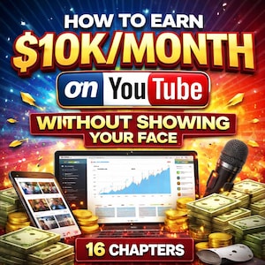 以下が含まれることがあります： 「HOW TO EARN $10K/MONTH on YouTube WITHOUT SHOWING YOUR FACE」というテキストのプロモーション画像。グラフを表示するラップトップ、スマートフォン、お金の山、マイクが含まれています。グラフィックには「16 CHAPTERS」とも書かれています。