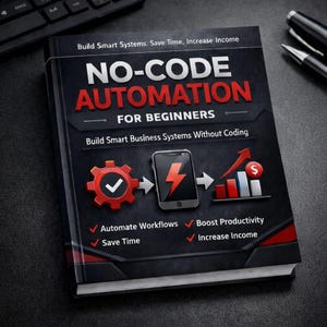 Può includere: Un libro intitolato "NO-CODE AUTOMATION FOR BEGINNERS" con una copertina nera e rossa. La copertina presenta un ingranaggio, uno smartphone con un fulmine e un grafico a barre con una freccia verso l'alto. Il libro promette di automatizzare i flussi di lavoro, aumentare la produttività, risparmiare tempo e aumentare il reddito.